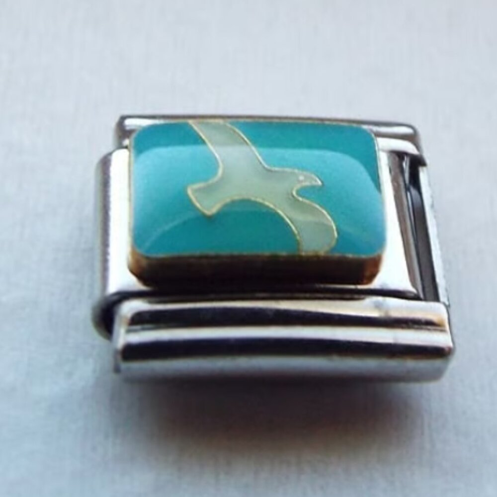 White bird on blue enamel 9mm stainless steel Italian charm bracelet link new